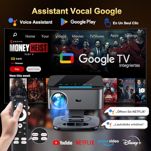 Beamer【1500 ANSI/Autofokus/360°-Drehung】 XIWBSY Projektor 4k Google TV/Sprachsteuerung, WiFi 6 Bluetooth 5, 38000 Lumen, Heimkino/Outdoor Beamer Netflix
