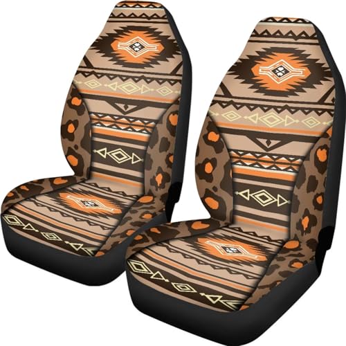 ZIATUBLES Aztec Tribal Geometric Brown Leopard Print Car Front Seat Cover 2 Pcs Vehicle Seat Covers Non-Slip Auto Interior Cover Washable Seat Protector Universal Fit Sedan SUVs Van