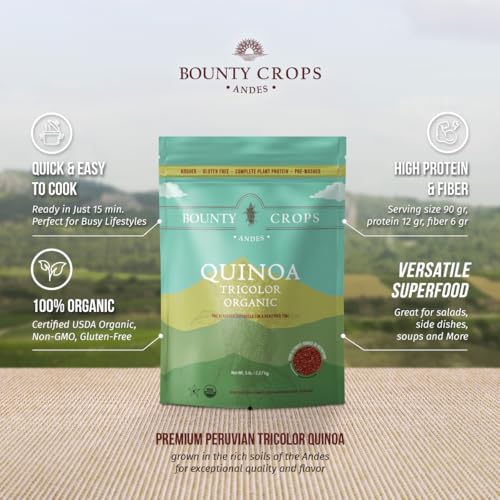 Bounty Crops Organic Tricolor Quinoa (5 lb, 80 oz, 2.27 kg), Fiber, Iron and Potassium, Plant Base Protein, Gluten-Free, Non-GMO, Kosher, Vegan Superfood