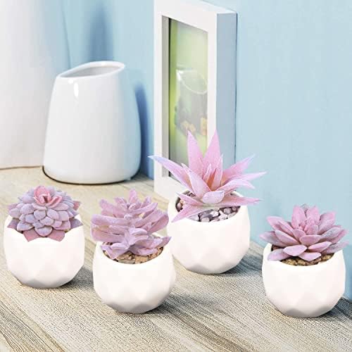 Duscdesp Set of 4 Fake Plants Artificial Succulent Plants, Pink Faux Plants for Indoors, Artificial Plants Indoor Plastic Plants Desk Plant Pink Accessories for Bathroom Office Decor, Pink