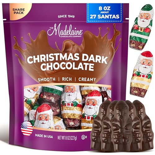 Madelaine Solid Premium Dark Chocolate Mini Santas - Christmas Candy, Holiday Treats - Individually Wrapped In Italian Foil Featuring Assorted Holiday Designs (1/2 LB)