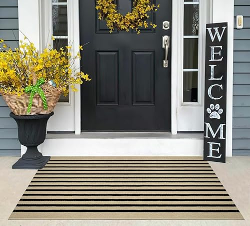 Black and Khaki Outdoor Rug -2.3'x3.6',Fall Washable Striped Outdoor Rug