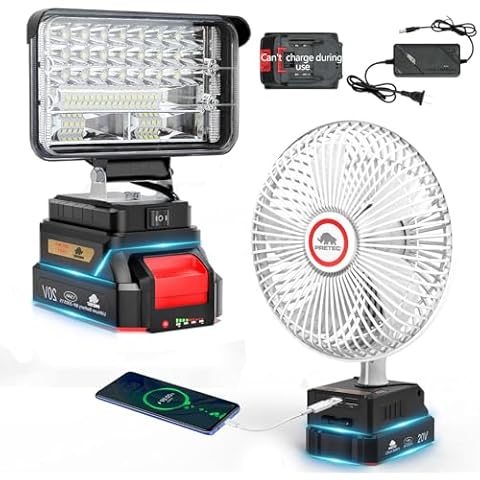 PRETEC LED Work Light and Jobsite Fan with 1 Pcs 20v 1.5Ah Rechargeable Battey and Charger, Cordless 48W 6600LM Battery Light and Works Fan Fast Charging with Dual USB Ports, 120° Adjustable Head Cover