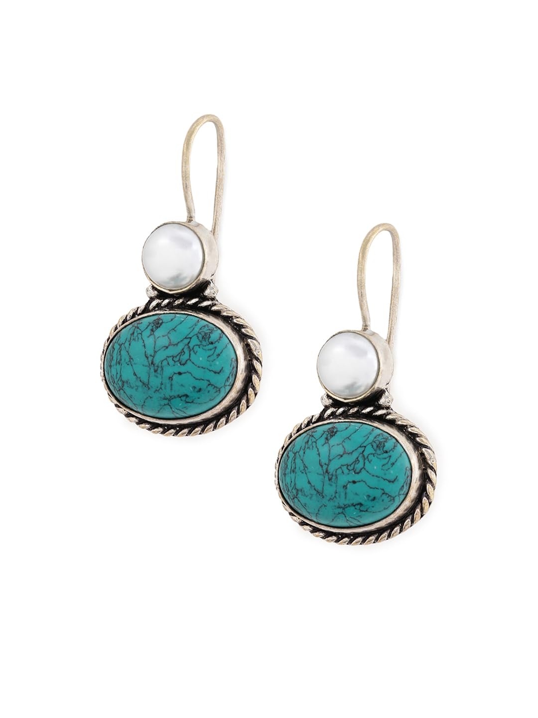 El Regalo 1Pair Cute Oxidized 925 Silver Plated Pearl & Stones Hook Earrings for Girls/Women- Silver Lookalike Handmade Oxidized Brass Hook Traditional Earrings with Stones & Pearls (Turquoise Green) (B0D79D6QDF) Amazon Price History, Amazon Price Tracker