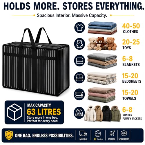 Image of PulGos Pack of 2 Extra Large Clothes Storage Bags | Heavy Duty Wardrobe Organizer | Reinforced Handles | Dual Zipper Closure | Reusable Moving & Storage Bag | Ideal for Travel, Shifting & Organization