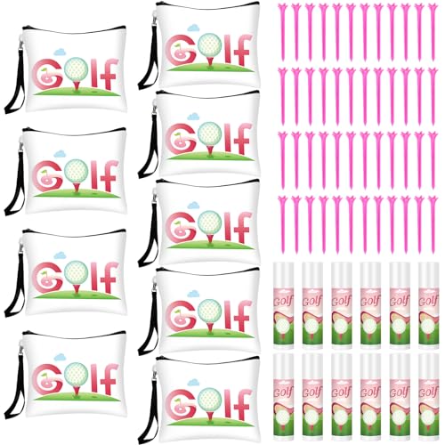 Bulyoou 12 Set Golf Gifts for Women with 12 Canvas Makeup Cosmetic Bags 12 Golf Lip Balms and 48 Pink Golf Tees Golf Accessories for Golfer Ladies Girls Golf Party Favors