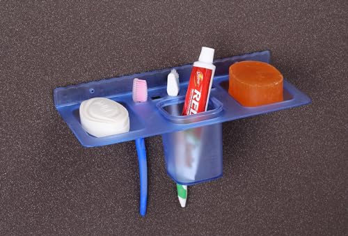 Image of HAPPI Unbreakable ABS Plastic 4 in 1 Soap Dish Holder Glass Tumbler and Tooth Brush Holders, Soap Stand, Soap Case, Soap Holder Stand Wall Mounted for Bathroom (Blue)