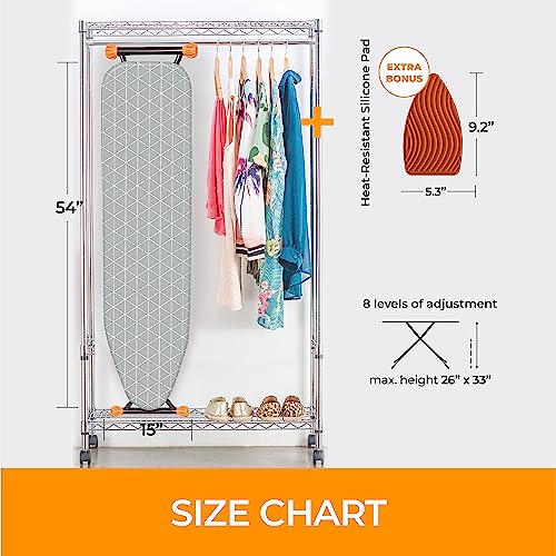 Happhom Standard Size Deluxe T-Leg 15 X 54 Ironing Board With Extra Thick Heavy Duty Padded Cotton Cover, Height Adjustable, Extreme Stability, Solid Four-Legged Frame With Heat-Resistant Silicone Pad #TOP5