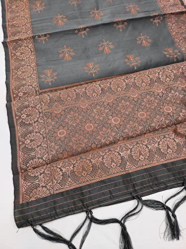 Image of Women Banarsi Silk Unstitched Suit Piece Dress Material | Unstitched Salwar Suit Dress Fabric for Women with Zari Dupatta Set (Suit-2M, Salwar-2M, Dupatta-2.25M) - Grey