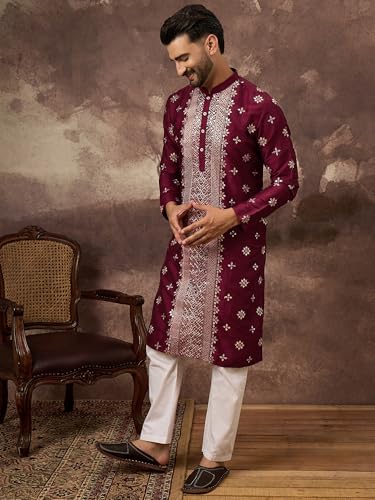 Image of Men's Solid Calf Length Silk Blend Embroidered Kurtas | Men | Kurtas for Mens | Straight Fit Kurta for Men's