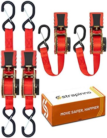 Strapinno Retractable Ratchet Straps 1 in x 10 ft, Secure Tie-Downs with Rubber-Coated Handles & S-Hooks, For Moving Motorcycle, Bike, Kayak, Cargo & Daily Use- Breaking Strength 1,500LBS/680KG (4PCS)