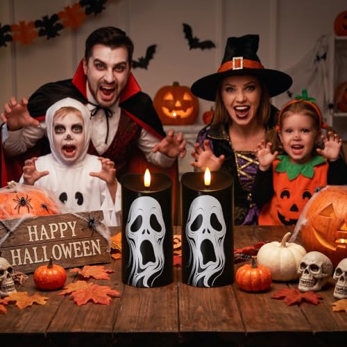 Image of Halloween Black Flameless Pillar Candles with Ghost Decals, 2PCS