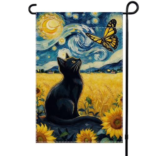 AlEXMACLIST 12"x18" Starry Night Cat Garden Flag - Black Cat with Butterfly and Sunflower Field, Vincent Van Gogh Inspired Decorative Outdoor Banner, Double-Sided