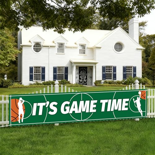 Large Basketball Game Day Banner Decoration Green and White Game Time Banner for Sports Fan Outdoor/Indoor Basketball Themed Birthday Party Room Wall Yard Photo Backdrop Hanging Decor (9.8 x 2 ft)