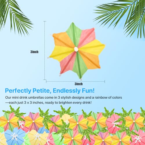 【3 Styles 150 PCS】Drink Umbrellas Cocktail Picks, Cocktail Umbrellas for Drinks, Drinking Parasols, Mini Paper Umbrella Toothpicks Sticks for Tiki, Luau, Hawaiian Tropical Party Decoration Garnish.