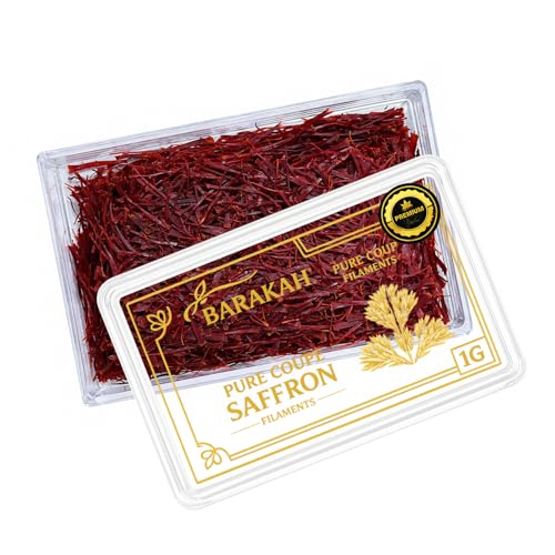 Barakah Premium Spanish Saffron Threads 1g - Pure All-Red Kesar (Safran) for Tea Rice Paella & Desserts - High Colouring Strength & Rich Aroma