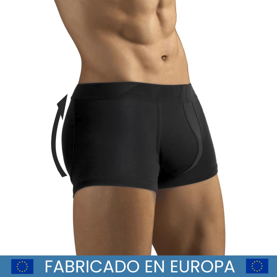 ARIUS Pack 2 Calzoncillos Boxer con Relleno Trasero para Aumentar el Volumen y tamaño de glúteos y Levantar. 1 en Color Negro y 1 en Color Gris - Push up y Relleno de Nalgas