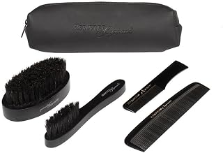 Hercules Sägemann Beard and Mustache Grooming Set - Complete 4-Piece Kit: Boar Bristle Brushes, Ebonite Combs set in a Travel-friendly Pouch