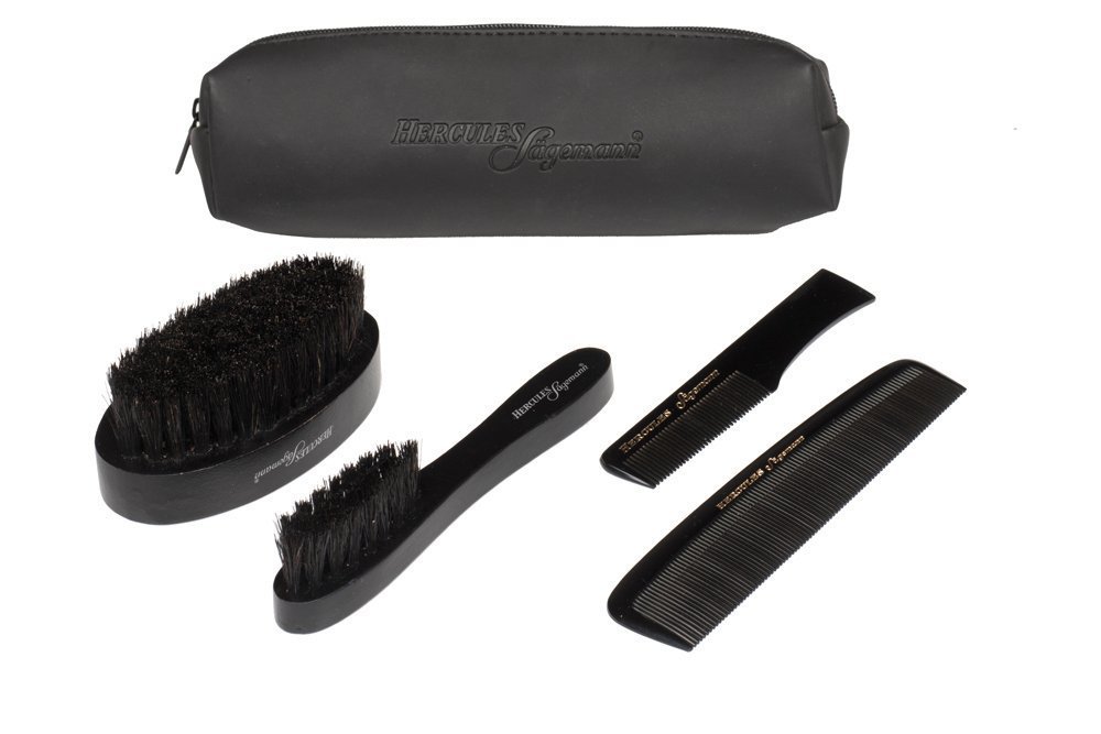 Hercules Sägemann Beard and Mustache Grooming Set - Complete 5-Piece Kit: Boar Bristle Brushes, Ebonite Combs, Scissors set in a Travel-friendly Pouch