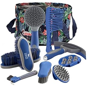 Harrison Howard Horse Grooming Kit 9-Piece Equine Care Series Horse Brush Sets with Organizer Tote Bag Tack Room Supplies Shedding Grooming Massaging Tools Deep Blue