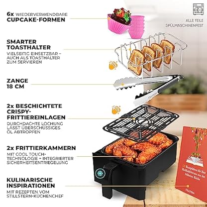 Stillstern Heißluftfritteuse 2 Kammern 8L Dual Zone Airfryer XXL, 2400W, Ausgezeichnet 1,2 (Sehr Gut), Fritteuse Air Fryer, Rezeptbuch, Auftauen&Warmhalten Heissluftfritteuse Doppelkammer, Air Fryers – Bild 3