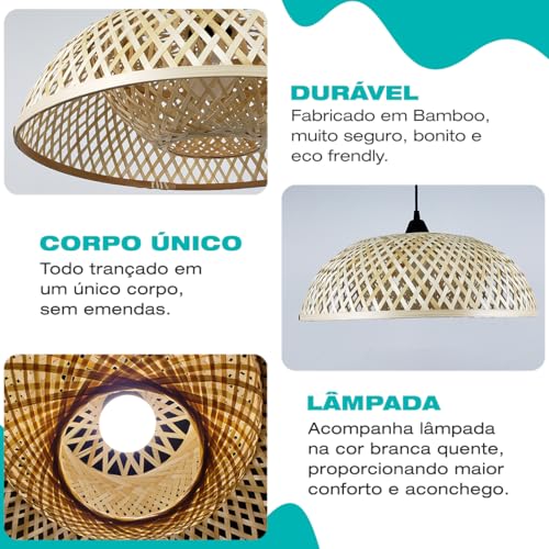 Luminária de Teto Lustre Pendente Bambu Fundamentum Tulum Rústico 45cm