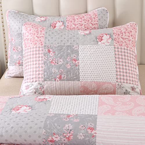 Pink Plaid Patchwork Quilt Set Full Queen Size Floral Rversible Quilted Bedspread Coverlet Set 3-Piece Grey Grid Flowers Lightweight Comforter Bedding Set Bed Sheet Cover Blanket With 2 Pillow Shams #TOP7