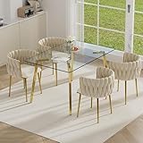 HAIZAO Gold Glass Dining Table Set for 4, 51'' Modern Luxury Rectangle Dinner Room Set, 5 PCS Clear Glass Top Minimalist Kitchen Table Set, Ivory Retro Woven Dining Chair for Home Small Apartment