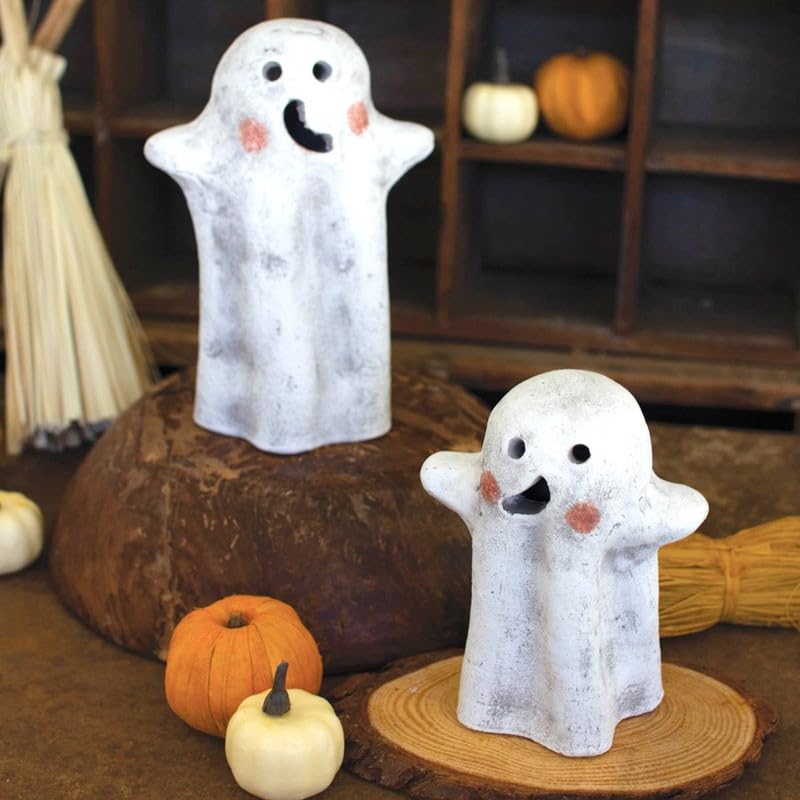 Set 2 Cute Clay Ghost Candle Lanterns Halloween Tea Light Votive Décor 8 in Pair