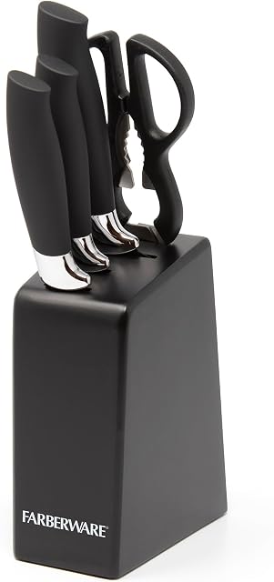 Farberware - Chrome Prep Knife Set with Comfortable Grip and Holder for Kitchen Tabletop (Black, 5 Piece)