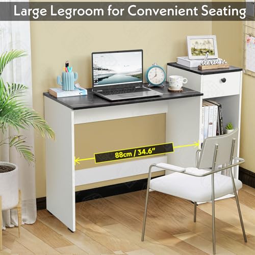 Image of ABOUT SPACE Study Table with Drawer - Computer Table with Bottom Storage Space DIY Engineered Wood Office Desk with 2 Adjustable Shelves for PC Laptop (White, Black Marble - L 123 x B 45 x H 89 cm)