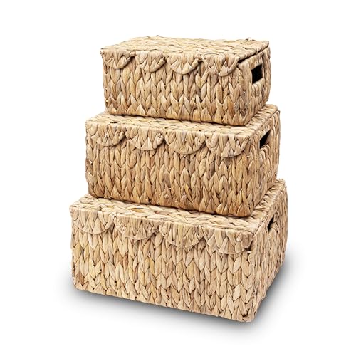 Image of LUSYDECO Set of 3 Scalloped Edge Wicker Basket with Lid, Rectangle Wicker Storage Basket with Built-in Handles, Multipurpose Organizer Rattan Display Boxes for Shelf, Nursery Room