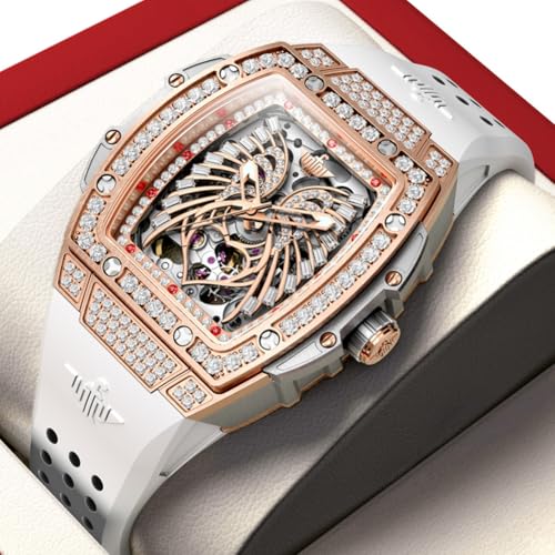 Image of OUPINKE Automatic Watches for Women Fashion Hollow Skeleton Squre Womens Watches Diamonds Rose Gold Waterproof Luminous Mechanical Ladies Watches Red White Soft Silicone Strap