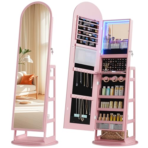 HWB Arched Mirror Jewelry Cabinet with Storage, LED Jewelry Armoire w/Full Length Mirror & 360°...