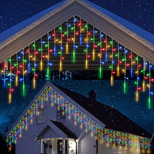 iBaycon Guirlande Lumineuse Extérieure, 12M 400 LED Multicolores Rideau Lumineux Avec 60 Stalactite, Minuterie, 8 Modes, Rideau de Fenêtre étanche Les Décorations de Noël de l'avant-toit Cover