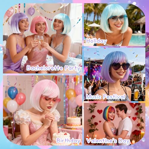 Image of PLULON Blue Purple Ombre Bob Wig with Bangs, Colorful Short Funny Bob Wigs with Heart Sunglasses Hair Cap Cosplay Hairpieces for Halloween Costume Party Heat Temperature Synthetic Fiber for Women Men