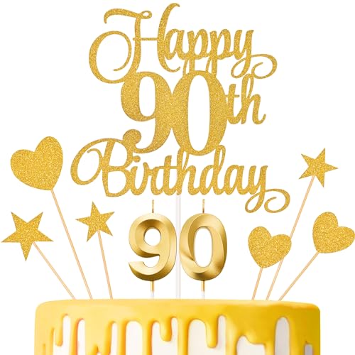 Lecferrarc 90th Birthday Cake Toppers, 90th Birthday Candles Numeral Candles and Glitter Cake Decorations Toppers Set for Party Supplies (Gold)