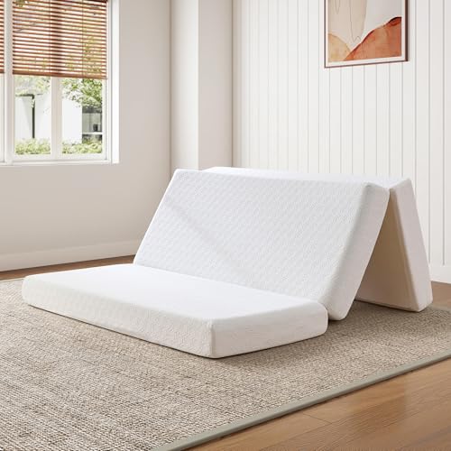LUXOAK Queen 6-Inch Tri-Fold Memory Foam Mattress, Cooling Gel Foldable Portable Floor Mattress with Removable Washable Cover, Space-Saving for Murphy Beds, Travel, Dorm & Camping, White