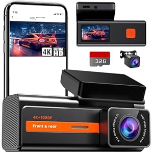 Dash Cam Front and Rear, 4k+1080P Dual Dash Camera for Cars, 1.5” WiFi Mini Dashcam with App, 170°Wide Angle Car Camera, Night Vision, 24H Parking Mode, 32GB Card Included, G-Sensor, Support 256GB Max