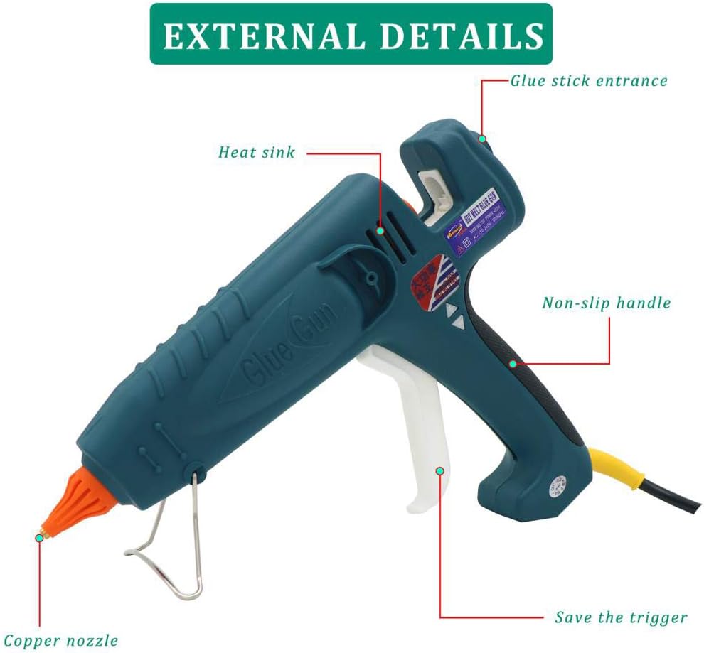 Big Size Hot Glue Gun, Fast Heating 400-watt High Power Full Size Professional Melt Glue Gun Kit with 10Pcs 0.43"x5.9" Premium Glue Sticks and Copper Nozzle for Heavy Duty Industrial Purpose, Green