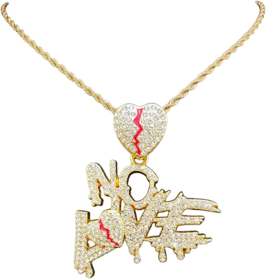 N-Made Beautiful No Love Broken Heart Pendant, Iced Out Pendant for Men & Women, Hip Hop Pendant Necklace, Cuban Chain Width 15mm