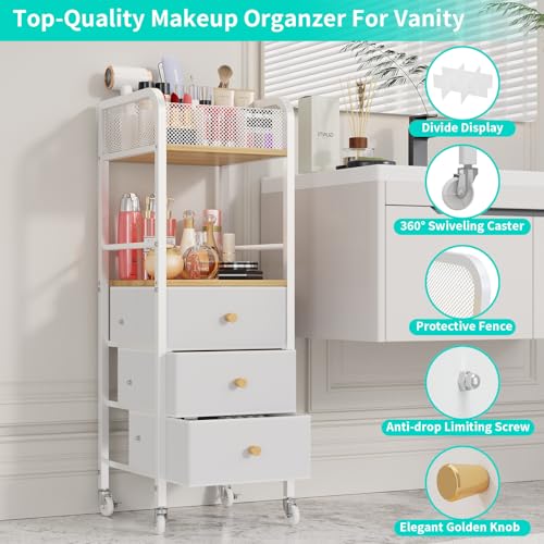 HapiRm Rolling Makeup Cart Organizer - Floor Skincare Make Up Storage with 3 Drawers, Vanity Organizer Cosmetic Display Cases Holder for Skin Care Perfume Nail Polish Brush Hair Tool - Thumbnail 5