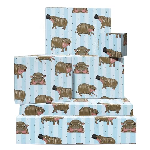 Baby-Tier-Geschenkpapier – 6 Bögen blaues Geschenkpapier – Baby-Flusspferd Moo Deng – Nilpferd – für Männer, Frauen, Kinder – mit Aufklebern – recycelbar – von Central 23