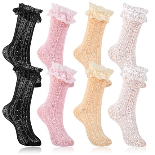 AGDGV 4 Pairs Women's Lace Socks - Ruffle Frilly Dress Socks with Mesh Lace Trim, Match Sexy Lolita Bootie for Women,Suitable for Adults (AU, Alpha, One Size, Regular, Regular, 4, Multicolor)