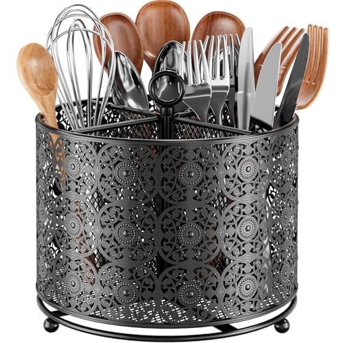JANE EYRE Soporte para utensilios de cocina con 4 compartimentos, giratorio 360°, diseño de flores, organizador de utensilios de acero inoxidable para mostrador de cocina y encimera, color negro