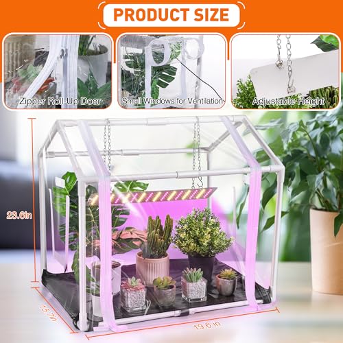 Meonum Mini Greenhouse with Grow Light, 23.6" L x 15.7" W x 19.6" H Portable Greenhouse with Waterproof Bottom Mat, Timer, 3 Light Color Mode for Indoor Outdoor Seed Starter Tray (Mini House Shape) - Image 2