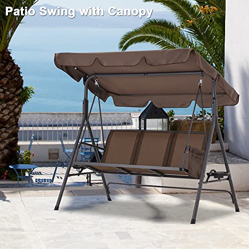 Habutway Outdoor Patio Canopy Swing Chair,Porch Swing With Stand 3 Person,Heavy Duty Outdoor Swings For Deck,Backyard,Poolside,Textilene Fabric,Steel Frame,Storage Pocket,Utility Tray (Brown) #TOP6
