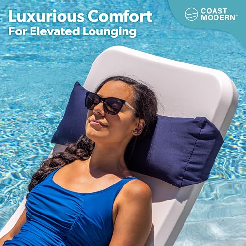 Image of Coast Modern Navy Outdoor Lounge Chair Pillow with Strap - Waterproof Headrest Pillow for Pool Lounger & Patio Chaise Cushion