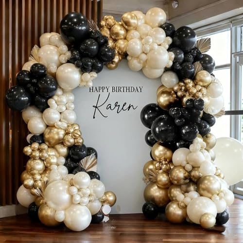Image of Black White Gold Balloon Garland Double Stuffed, Pearl Sand Champagne Gold Balloons Cream Beige Balloon Arch Kit for Halloween Birthday Wedding Anniversary Graduation New Year Party Decorations