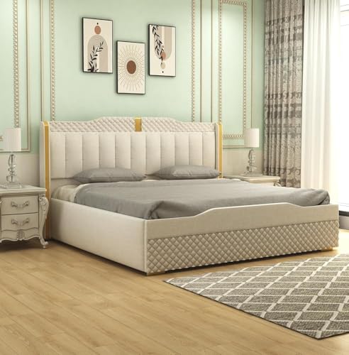 Image of Modern Upholstered Queen Size Bed with Storage | Double Bed with Box Storage & Upholstery Premium Fabric Headboard | Platform Bed for Bedroom & Hotel | Sheesham Wood | White, 6.5 x 5 Ft